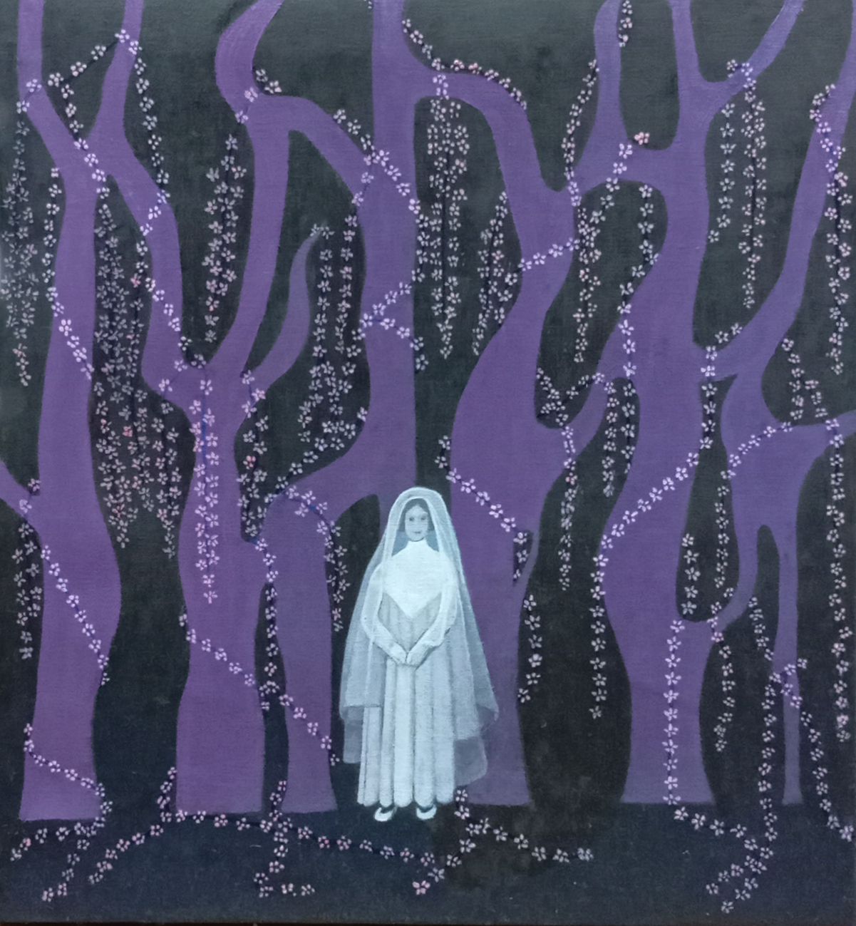 2025 Personaje de blanco y flores trepando en los árboles 41x38 Óleo sobre lienzo